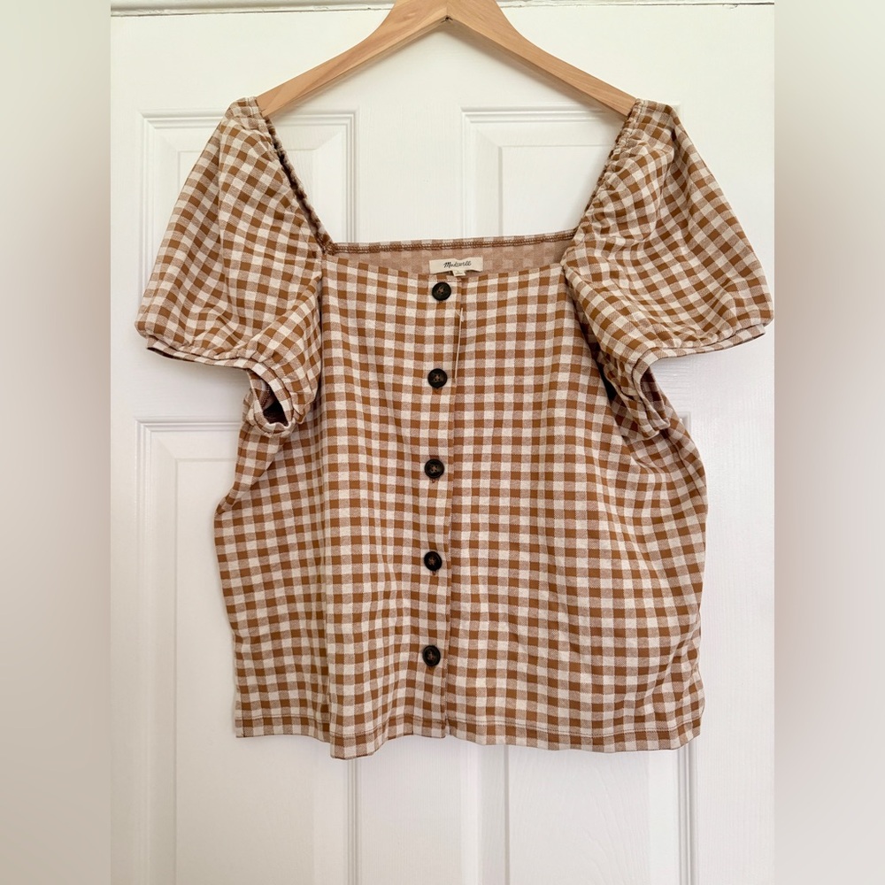 NWT Madewell Gingham Jacquard Square-Neck Puff-Sleeve Top
